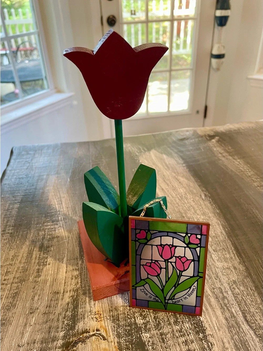 Tulip Décor Bundle – Wooden Flower & “Love Is the Heart in Bloom” Suncatcher